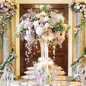 fwthumbLong table decorations tall vases, pink flowers hydrangeas, roses, orchids, Lilys Flowers surrey.jpg